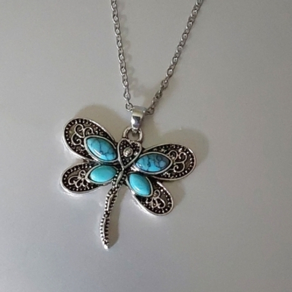 Boho Gypsy Sisters Jewelry - Boho Dragonfly Necklace Simulated Gems  Turquoise